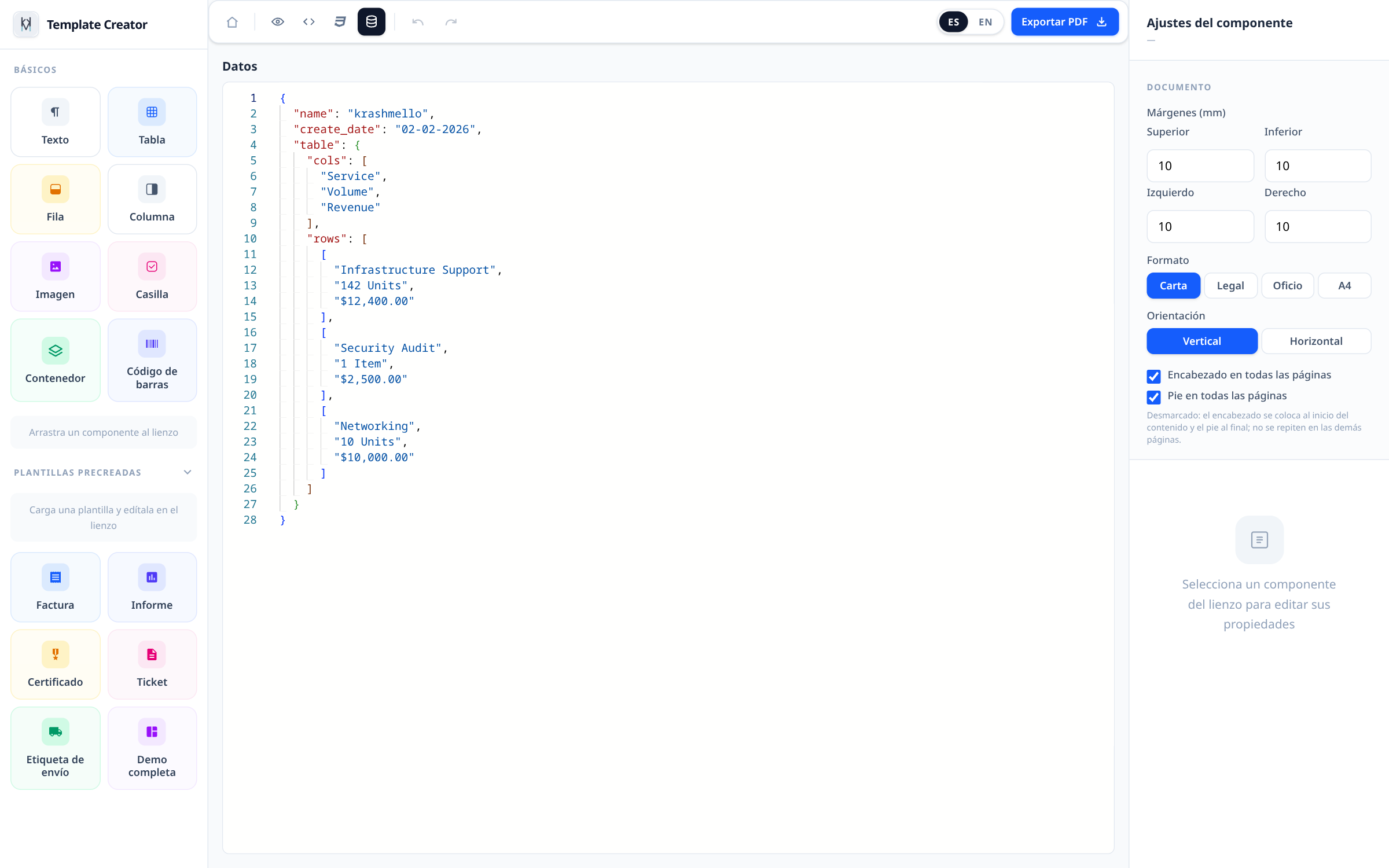 Editor de Template Creator con el editor de datos JSON
