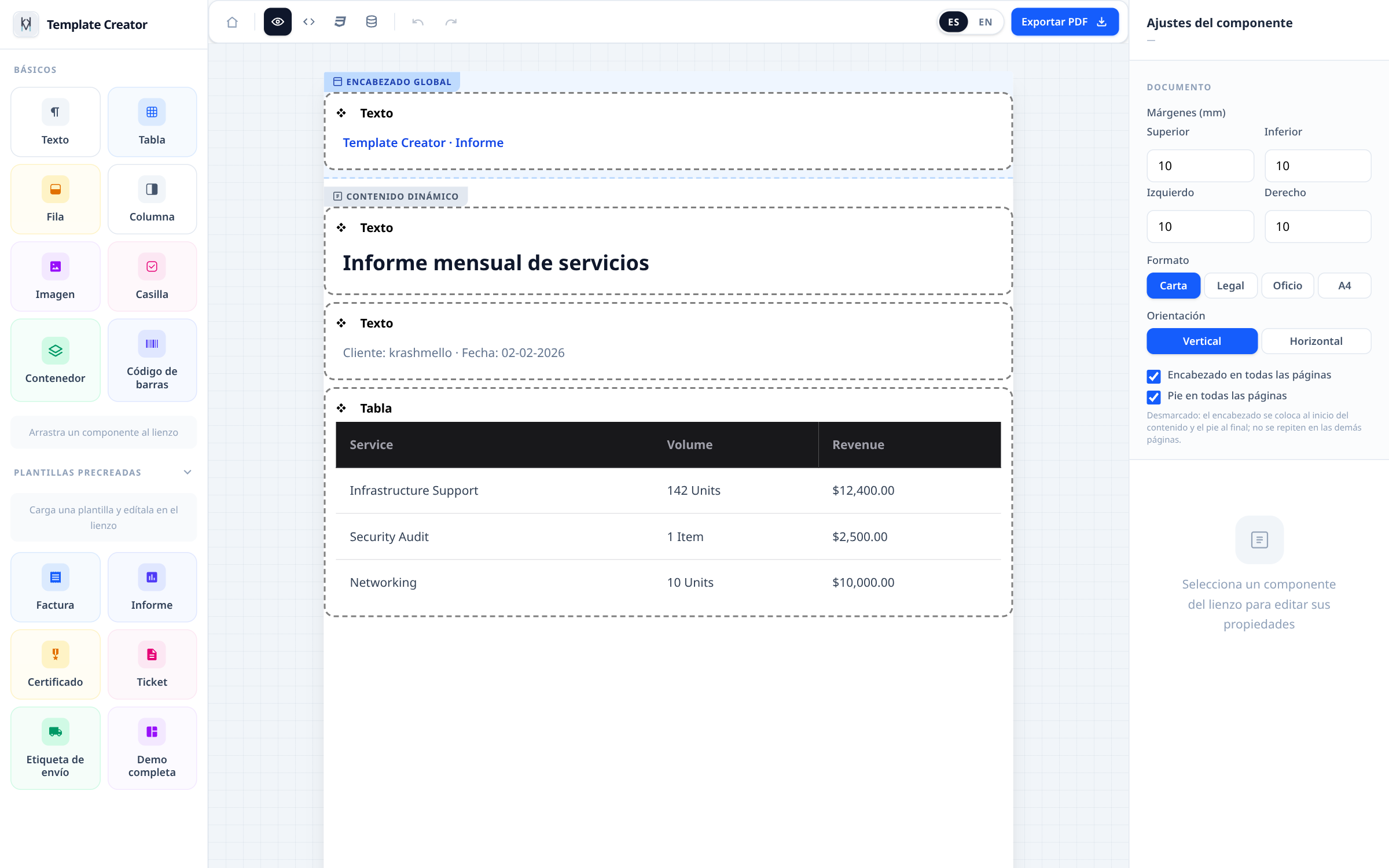 Editor de Template Creator con la vista previa del documento