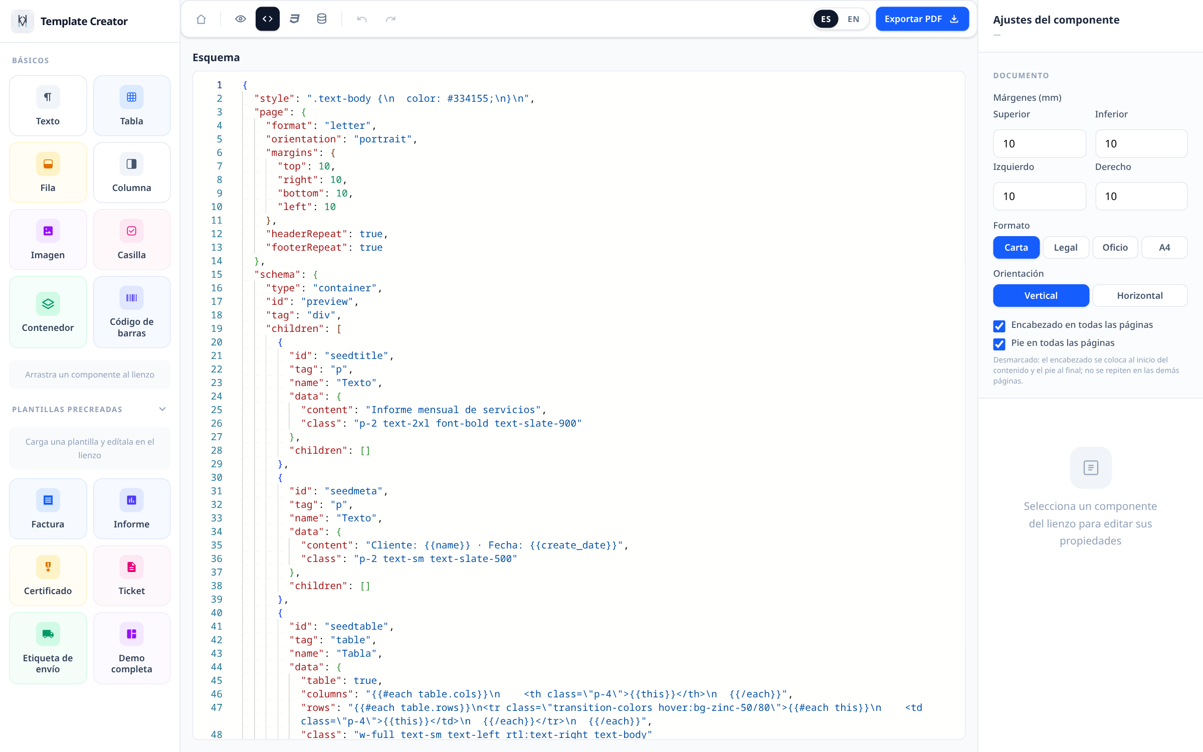 Editor de Template Creator mostrando el esquema JSON