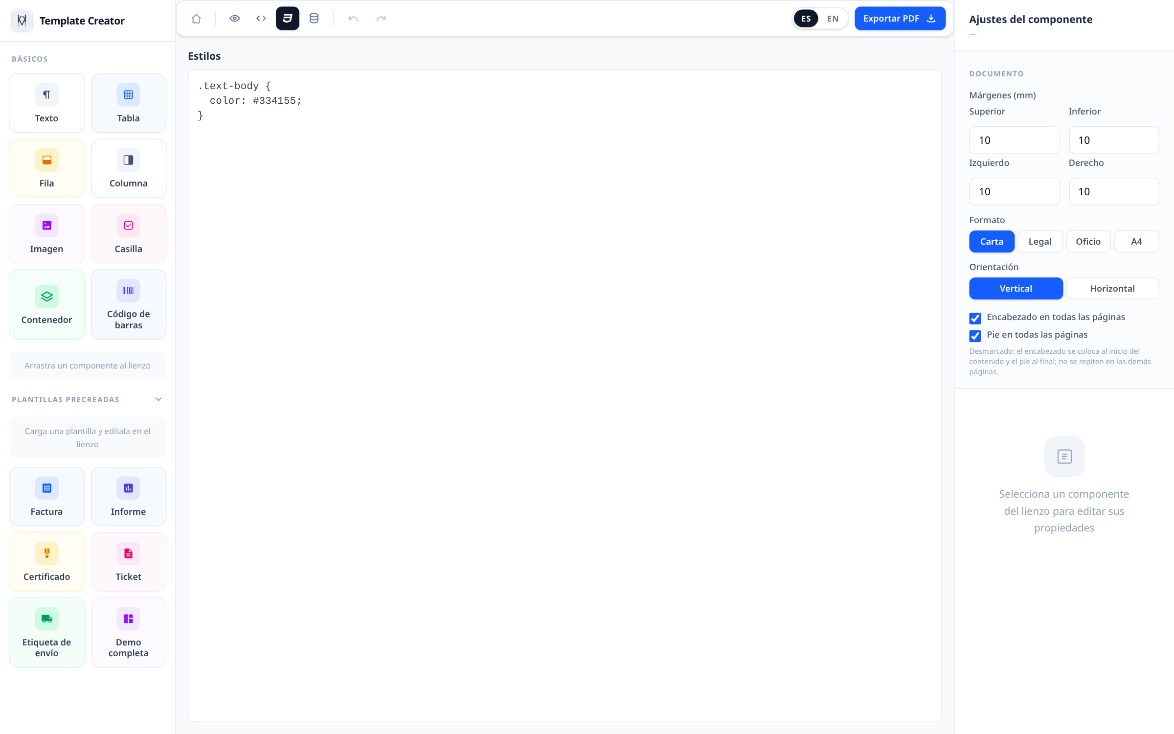 Editor de Template Creator con el editor de estilos CSS